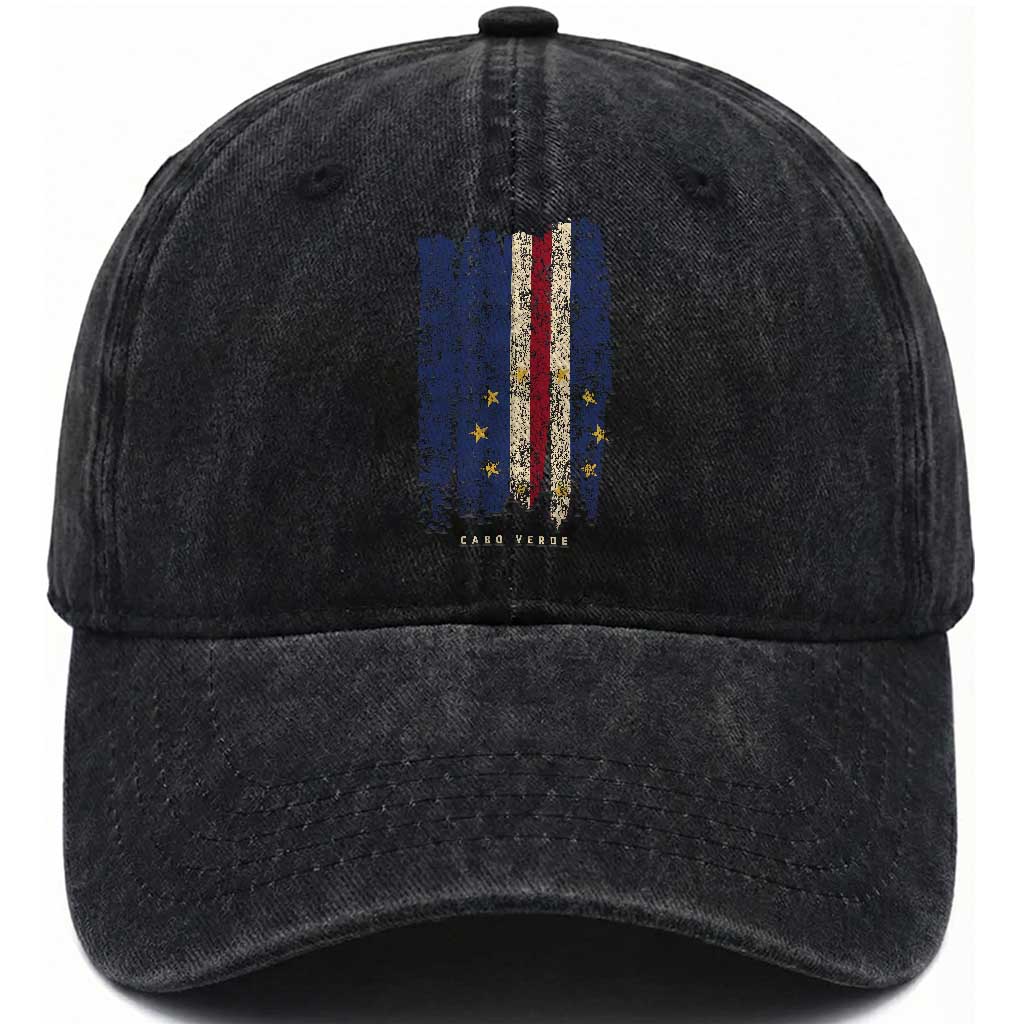Cape Verde Vertical Brush Stroke Flag Graphic Washed Cotton Baseball Cap Cabo Verde National Pride Artistic Gift TS02 Print Your Wear