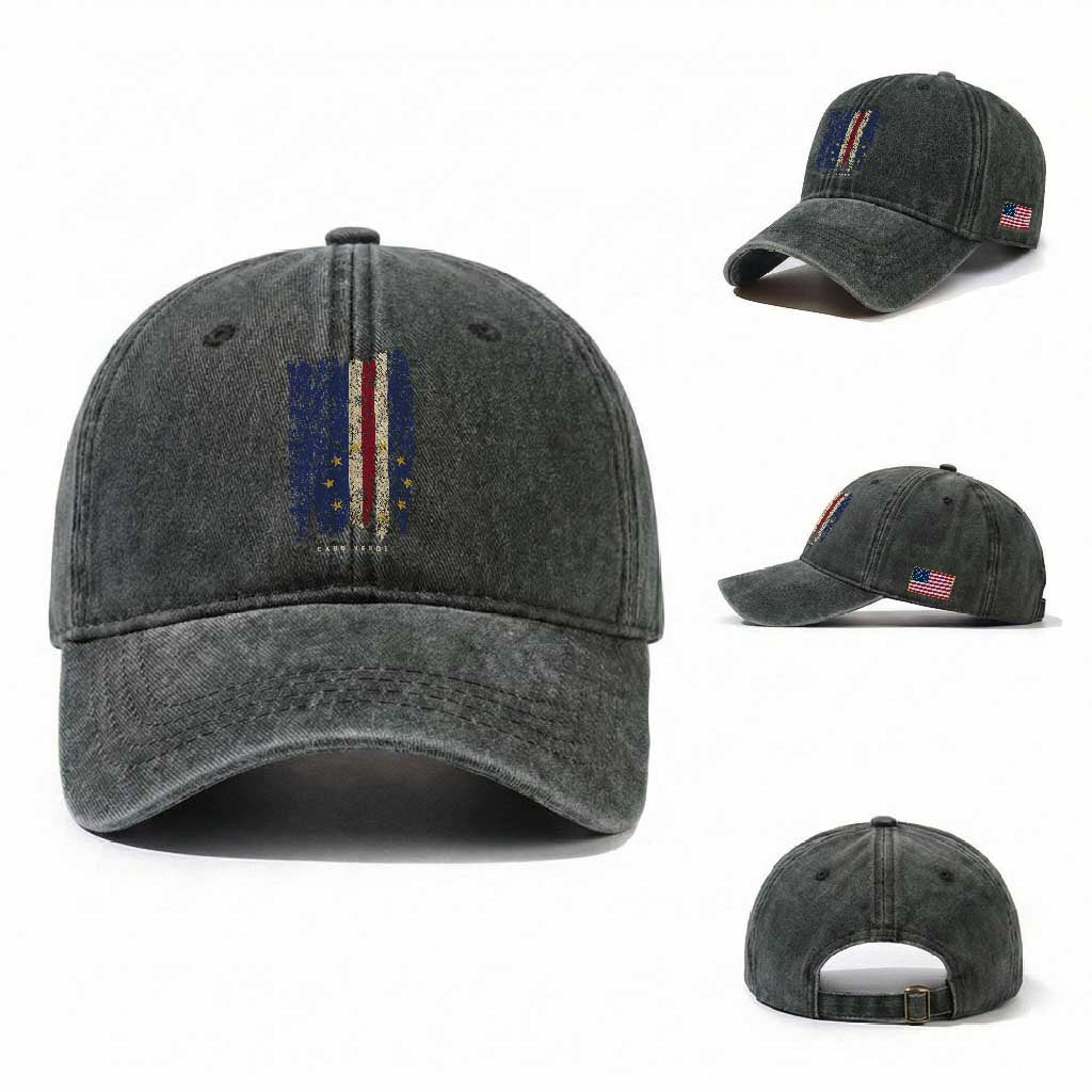 Cape Verde Vertical Brush Stroke Flag Graphic Washed Cotton Baseball Cap Cabo Verde National Pride Artistic Gift TS02 Washed Cap Universal Fit Dark Green Print Your Wear