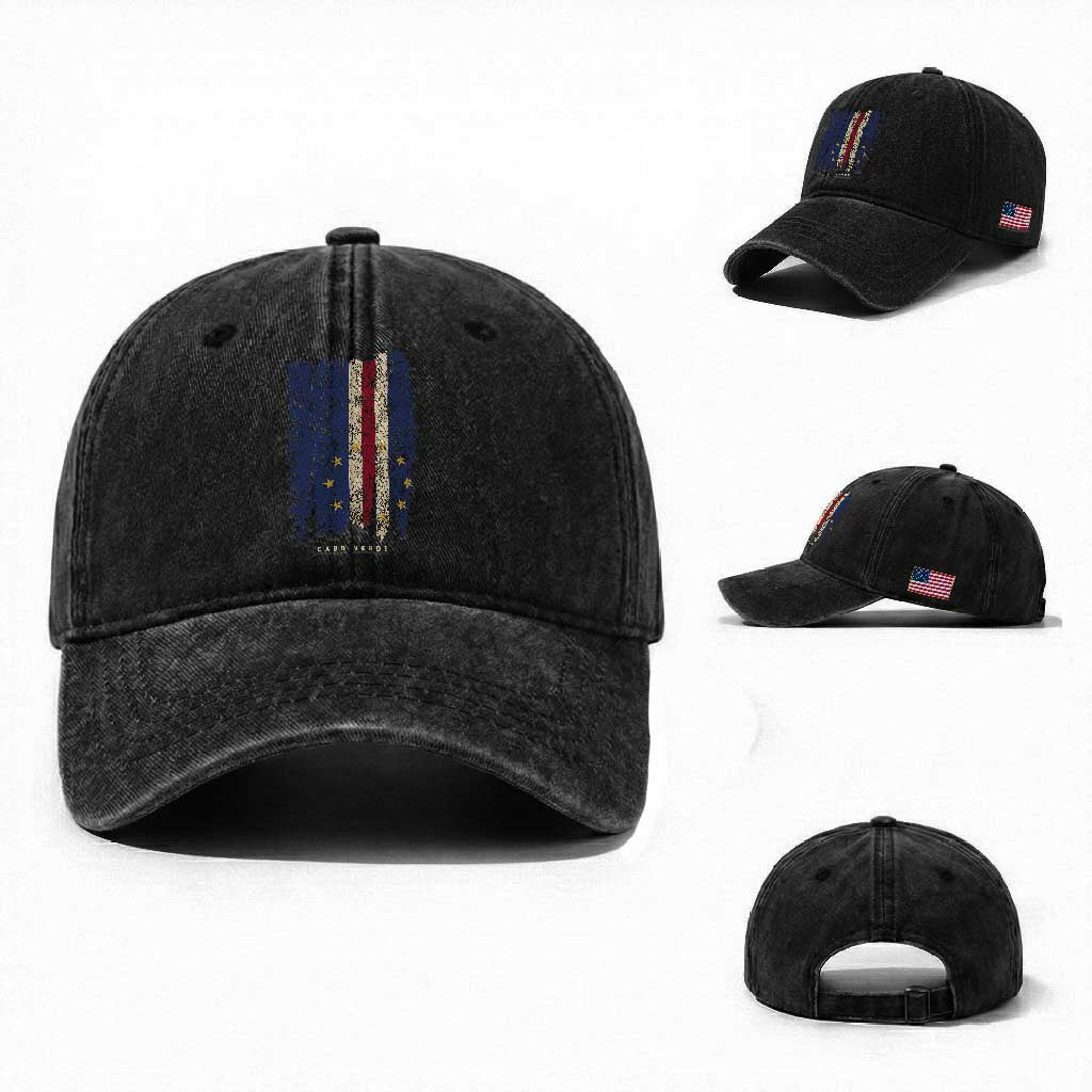 Cape Verde Vertical Brush Stroke Flag Graphic Washed Cotton Baseball Cap Cabo Verde National Pride Artistic Gift TS02 Washed Cap Universal Fit Black Print Your Wear