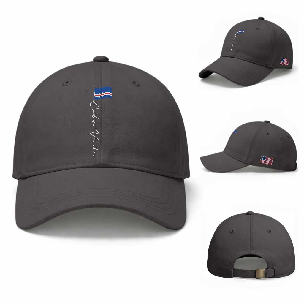 Cabo Verde Elegant Script Flag Graphic Baseball Cap Cape Verde Minimalist Cursive National Pride Gift TS02 Baseball Cap Universal Fit Dark Gray Print Your Wear