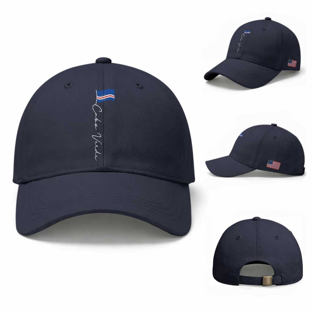 Cabo Verde Elegant Script Flag Graphic Baseball Cap Cape Verde Minimalist Cursive National Pride Gift TS02 Baseball Cap Universal Fit Navy Print Your Wear
