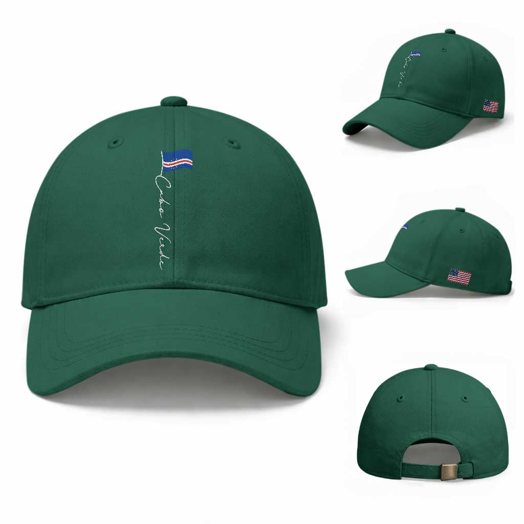 Cabo Verde Elegant Script Flag Graphic Baseball Cap Cape Verde Minimalist Cursive National Pride Gift TS02 Baseball Cap Universal Fit Irish Green Print Your Wear