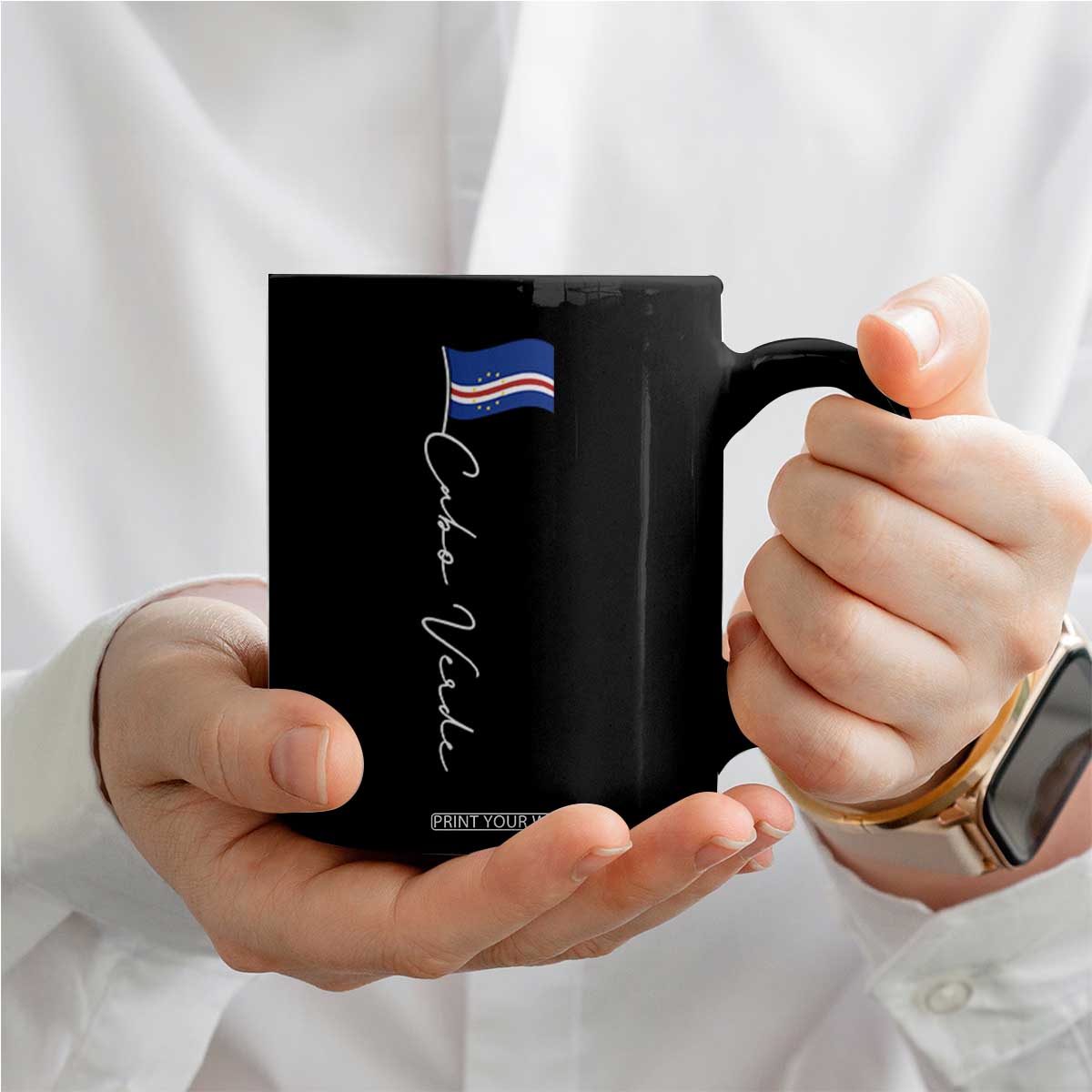 Cabo Verde Elegant Script Flag Graphic Coffee Mug Cape Verde Minimalist Cursive National Pride Gift TS02 Print Your Wear