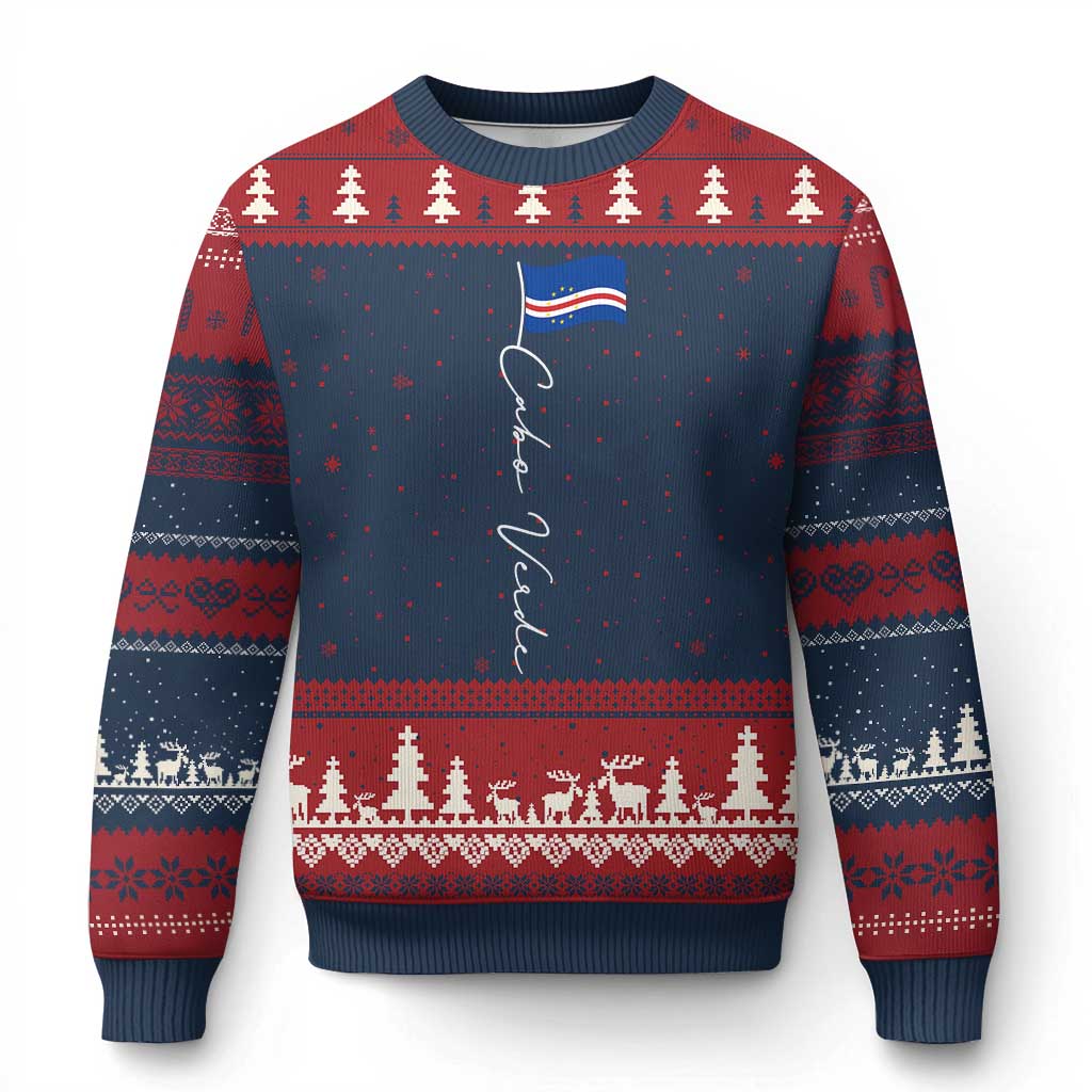 Cabo Verde Elegant Script Flag Graphic Ugly Christmas Sweater Cape Verde Minimalist Cursive National Pride Gift TS02 Navy Red Print Your Wear