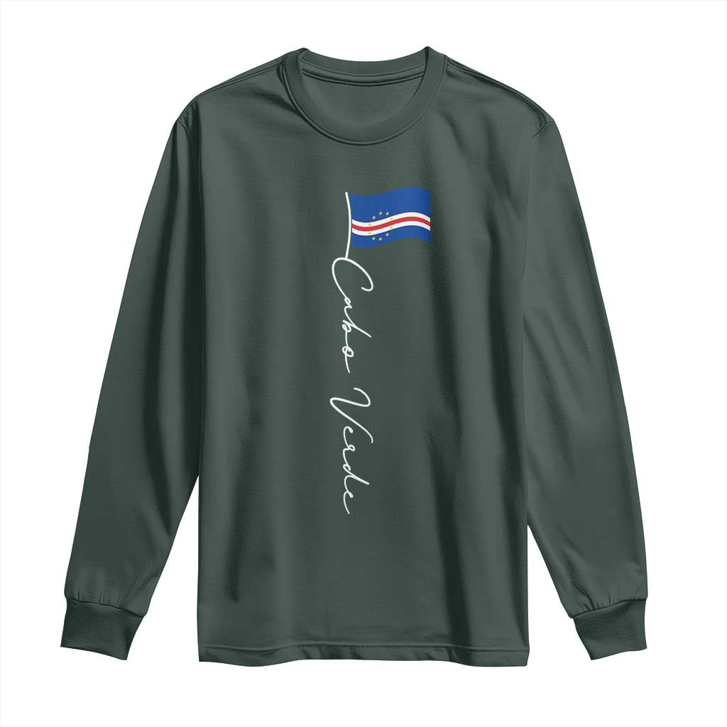 Cabo Verde Elegant Script Flag Graphic Long Sleeve Shirt Cape Verde Minimalist Cursive National Pride Gift TS02 Dark Forest Green Print Your Wear
