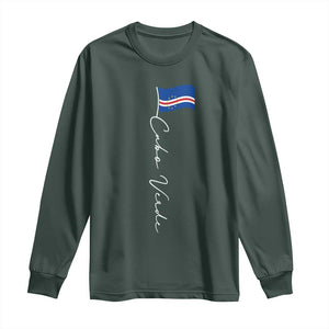 Cabo Verde Elegant Script Flag Graphic Long Sleeve Shirt Cape Verde Minimalist Cursive National Pride Gift TS02 Dark Forest Green Print Your Wear