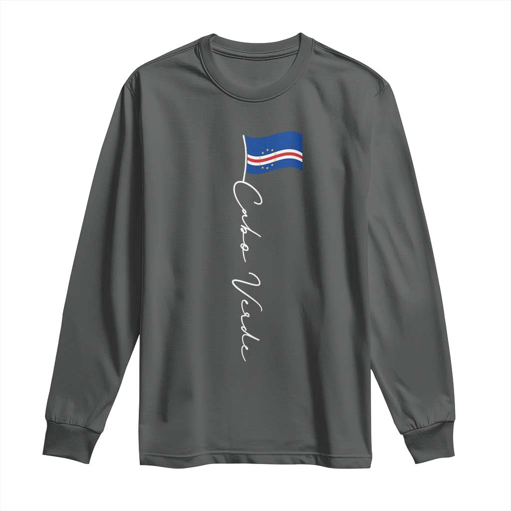 Cabo Verde Elegant Script Flag Graphic Long Sleeve Shirt Cape Verde Minimalist Cursive National Pride Gift TS02 Dark Heather Print Your Wear