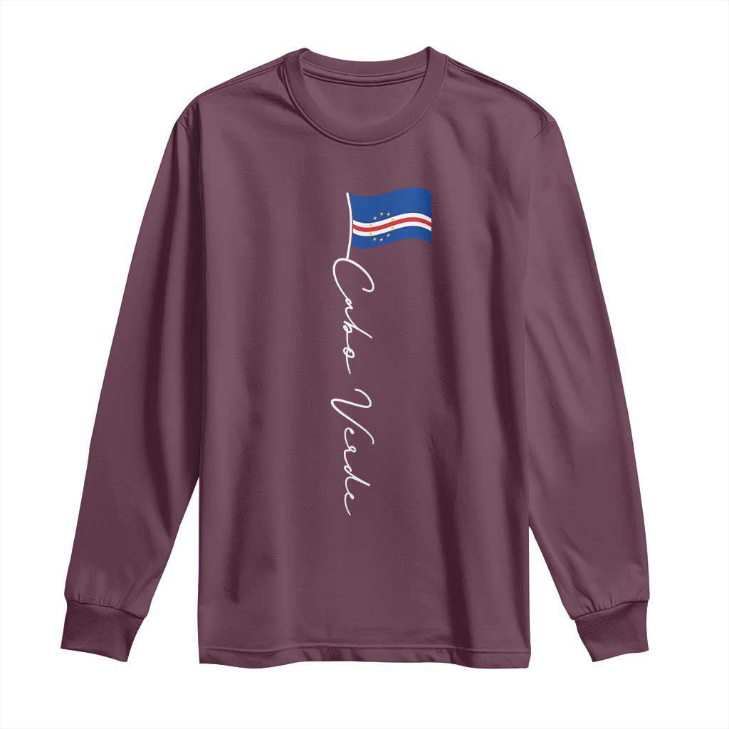 Cabo Verde Elegant Script Flag Graphic Long Sleeve Shirt Cape Verde Minimalist Cursive National Pride Gift TS02 Maroon Print Your Wear