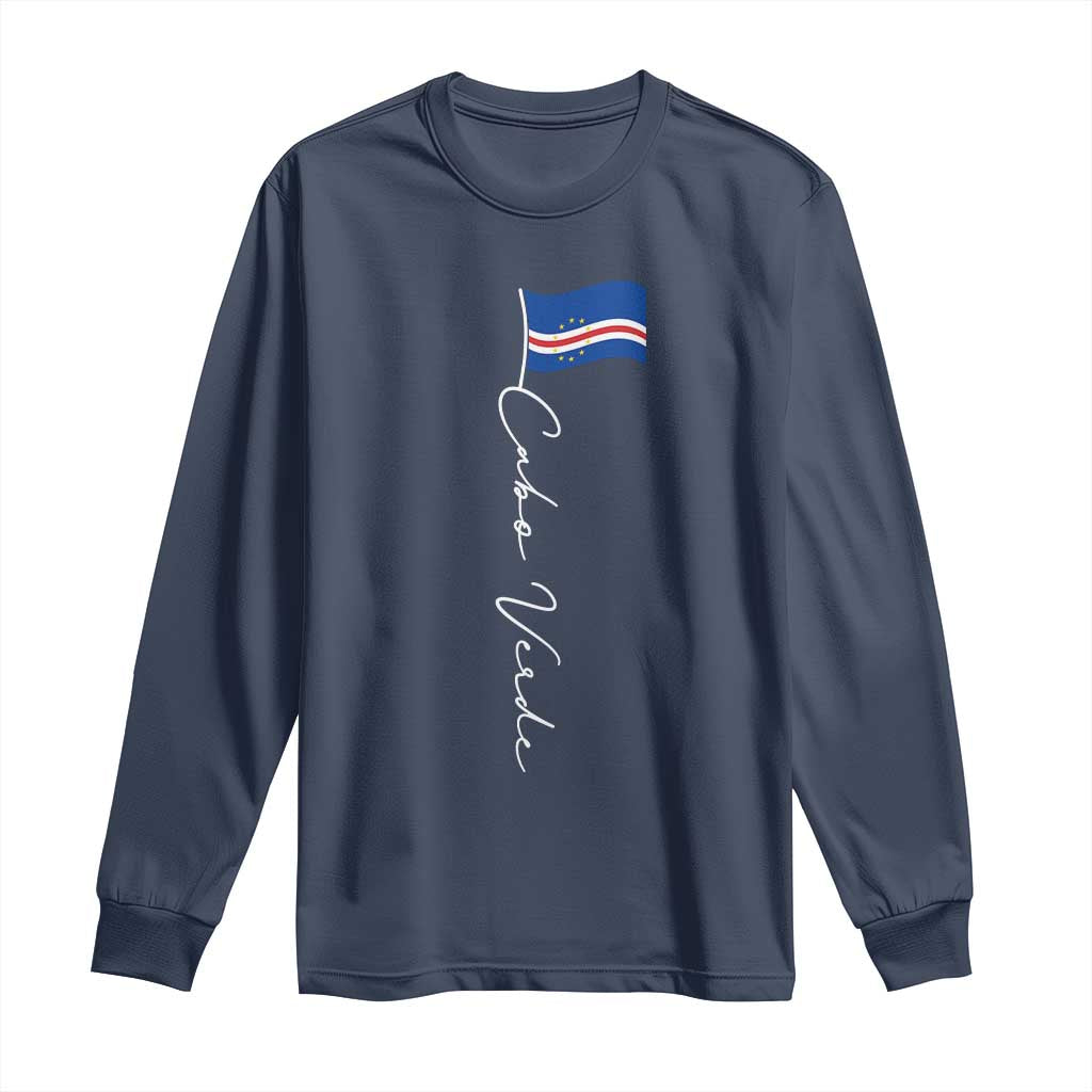 Cabo Verde Elegant Script Flag Graphic Long Sleeve Shirt Cape Verde Minimalist Cursive National Pride Gift TS02 Navy Print Your Wear