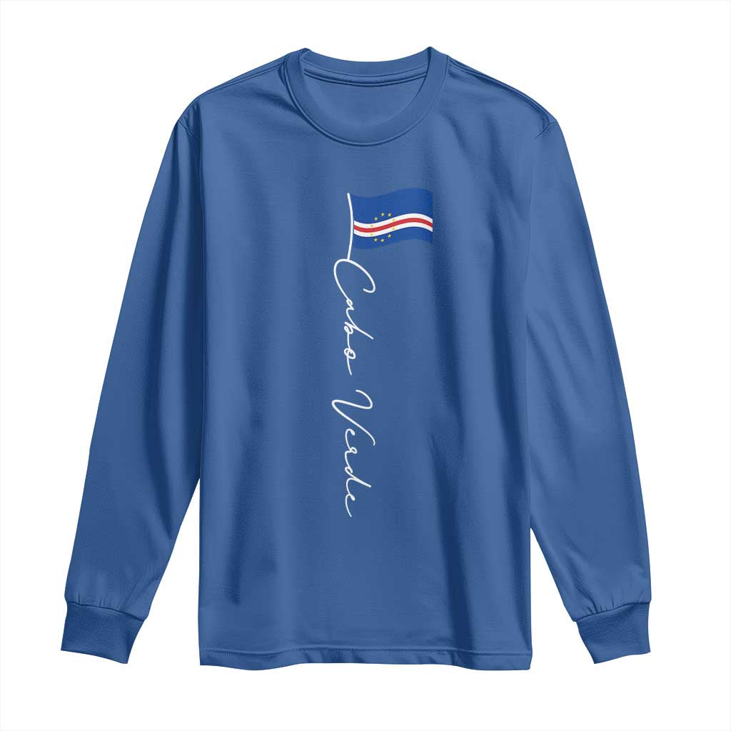 Cabo Verde Elegant Script Flag Graphic Long Sleeve Shirt Cape Verde Minimalist Cursive National Pride Gift TS02 Royal Blue Print Your Wear