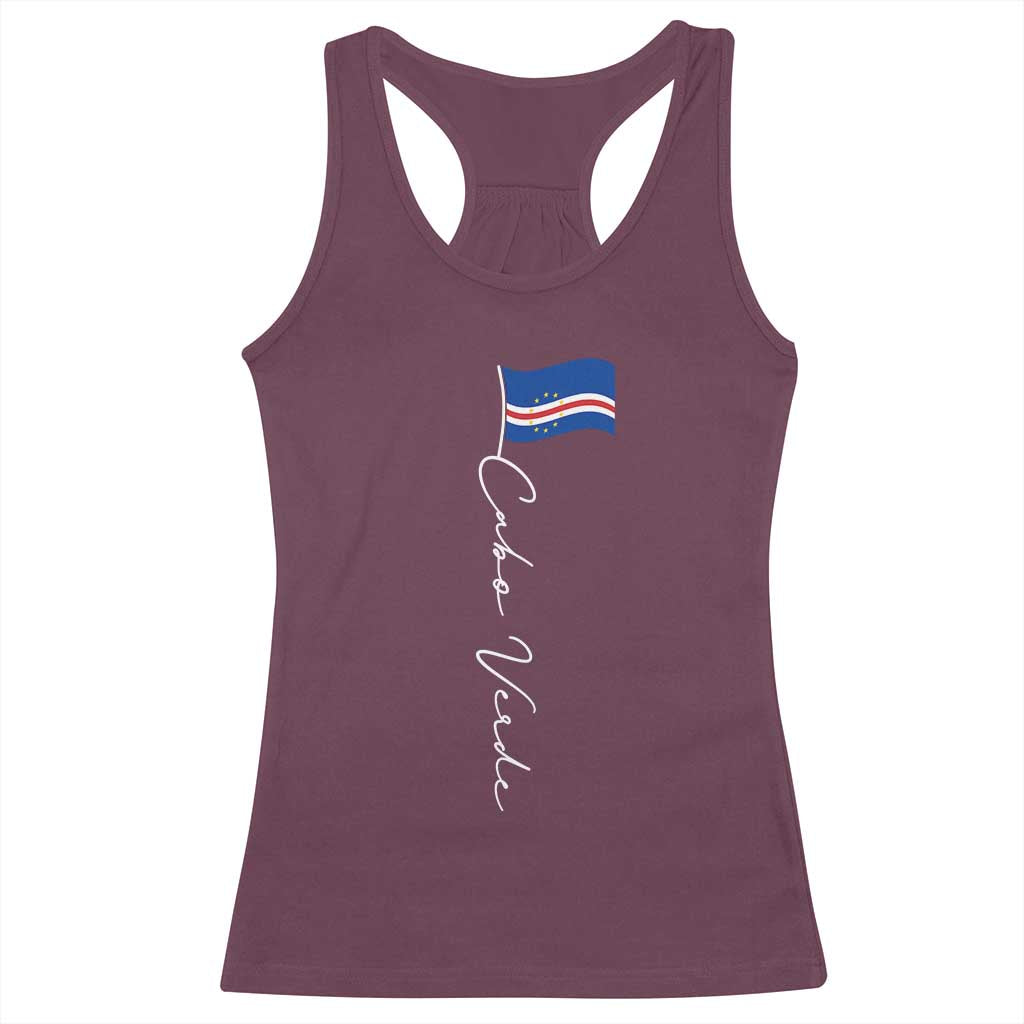 Cabo Verde Elegant Script Flag Graphic Racerback Tank Top Cape Verde Minimalist Cursive National Pride Gift TS02 Maroon Print Your Wear