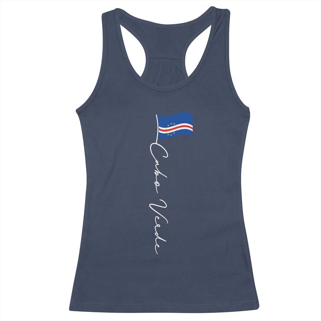 Cabo Verde Elegant Script Flag Graphic Racerback Tank Top Cape Verde Minimalist Cursive National Pride Gift TS02 Navy Print Your Wear
