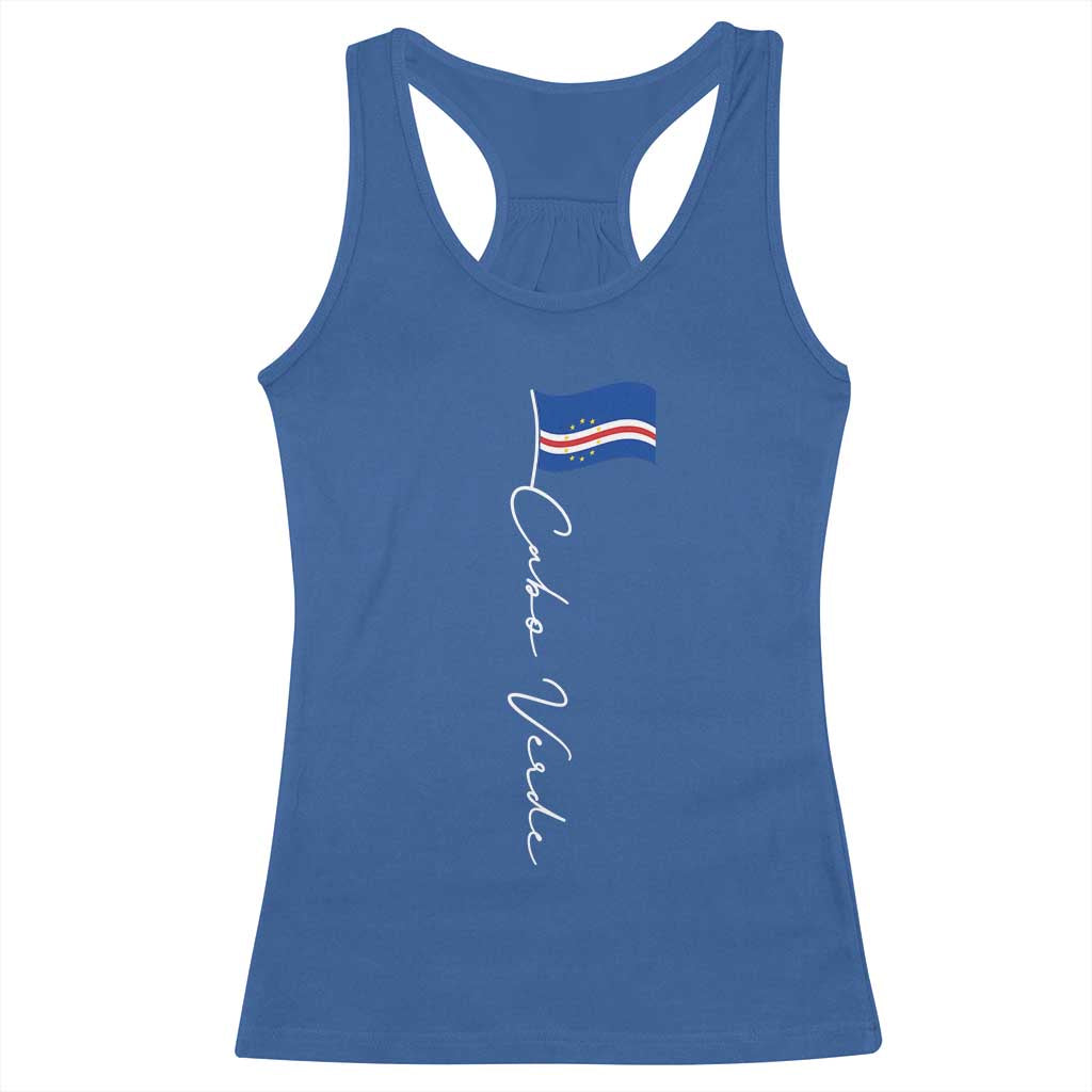 Cabo Verde Elegant Script Flag Graphic Racerback Tank Top Cape Verde Minimalist Cursive National Pride Gift TS02 Royal Blue Print Your Wear