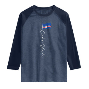 Cabo Verde Elegant Script Flag Graphic Raglan Shirt Cape Verde Minimalist Cursive National Pride Gift TS02 Heather Denim Navy Print Your Wear