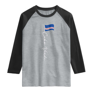 Cabo Verde Elegant Script Flag Graphic Raglan Shirt Cape Verde Minimalist Cursive National Pride Gift TS02 Heather Gray Black Print Your Wear
