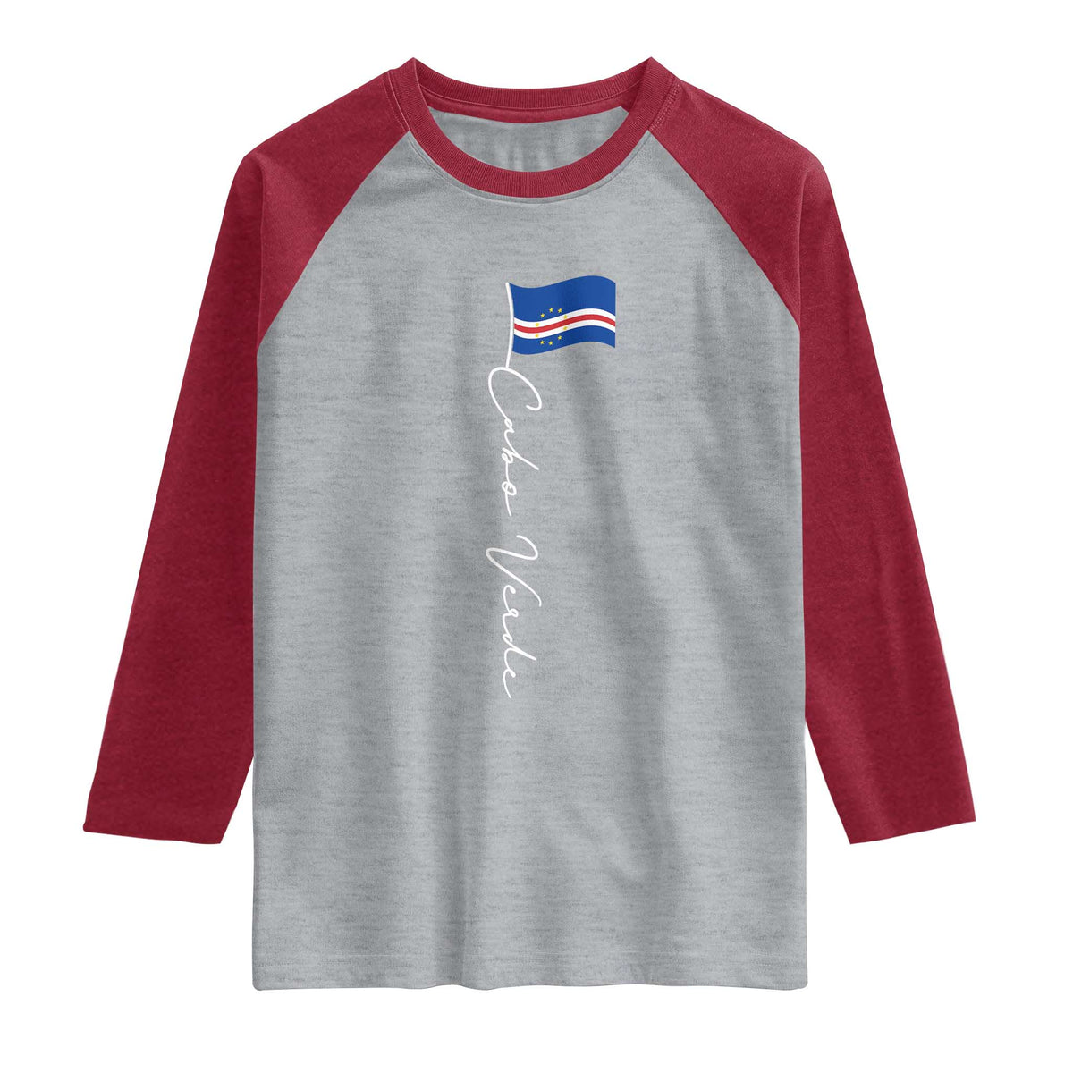 Cabo Verde Elegant Script Flag Graphic Raglan Shirt Cape Verde Minimalist Cursive National Pride Gift TS02 Heather Gray Heather Red Print Your Wear