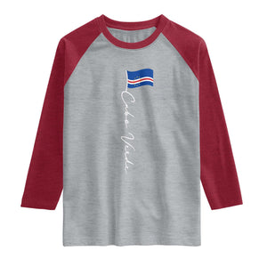 Cabo Verde Elegant Script Flag Graphic Raglan Shirt Cape Verde Minimalist Cursive National Pride Gift TS02 Heather Gray Heather Red Print Your Wear