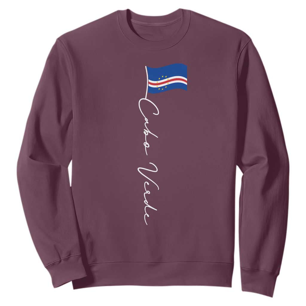 Cabo Verde Elegant Script Flag Graphic Sweatshirt Cape Verde Minimalist Cursive National Pride Gift TS02 Maroon Print Your Wear