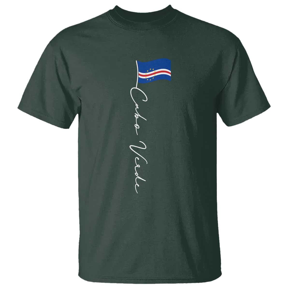 Cabo Verde Elegant Script Flag Graphic T Shirt Cape Verde Minimalist Cursive National Pride Gift TS02 Dark Forest Green Print Your Wear