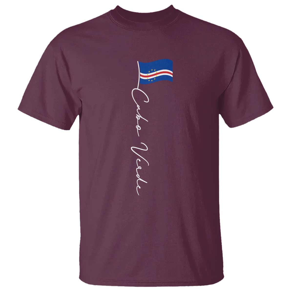 Cabo Verde Elegant Script Flag Graphic T Shirt Cape Verde Minimalist Cursive National Pride Gift TS02 Maroon Print Your Wear