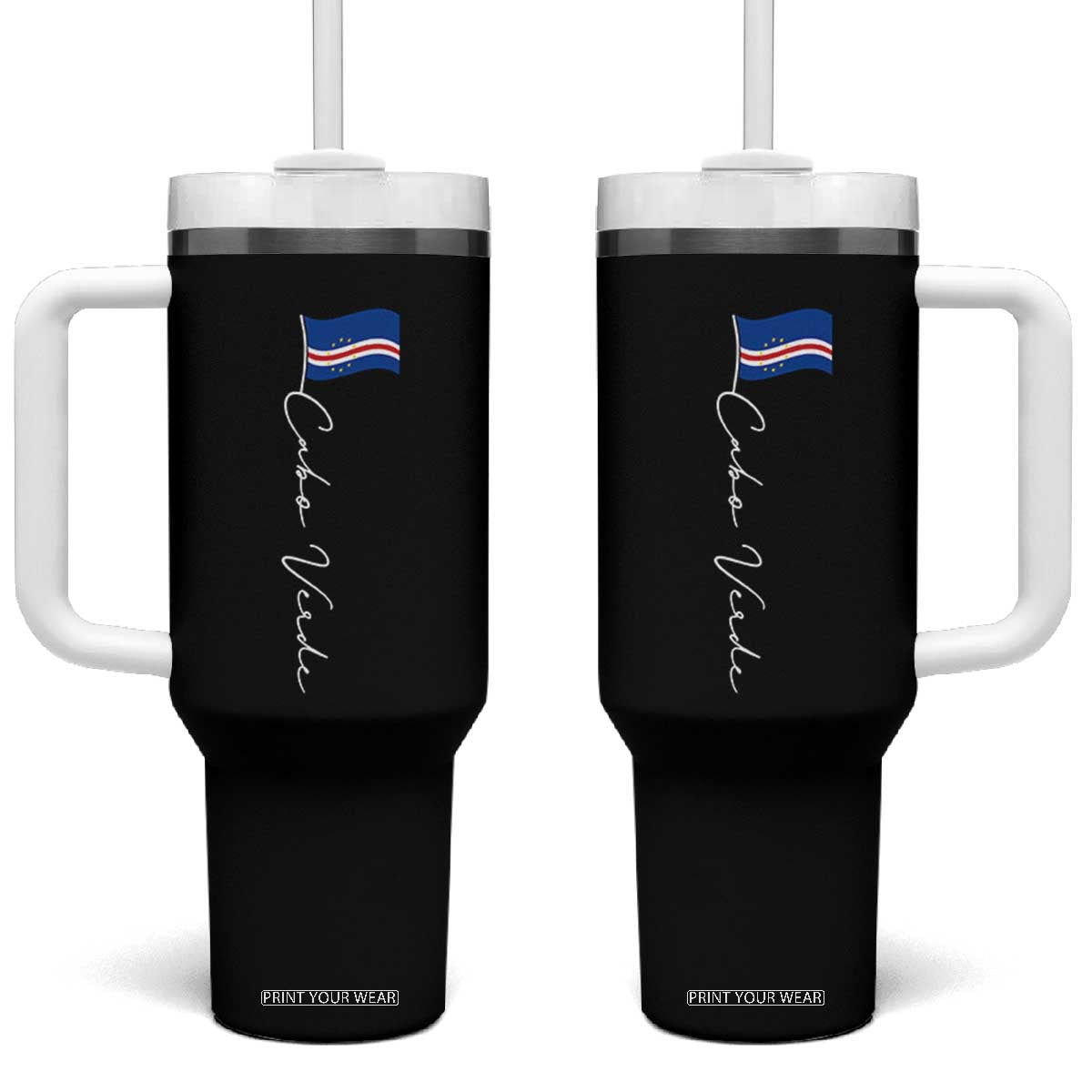 Cabo Verde Elegant Script Flag Graphic Tumbler With Handle Cape Verde Minimalist Cursive National Pride Gift TS02 One Size: 40 oz Black Print Your Wear