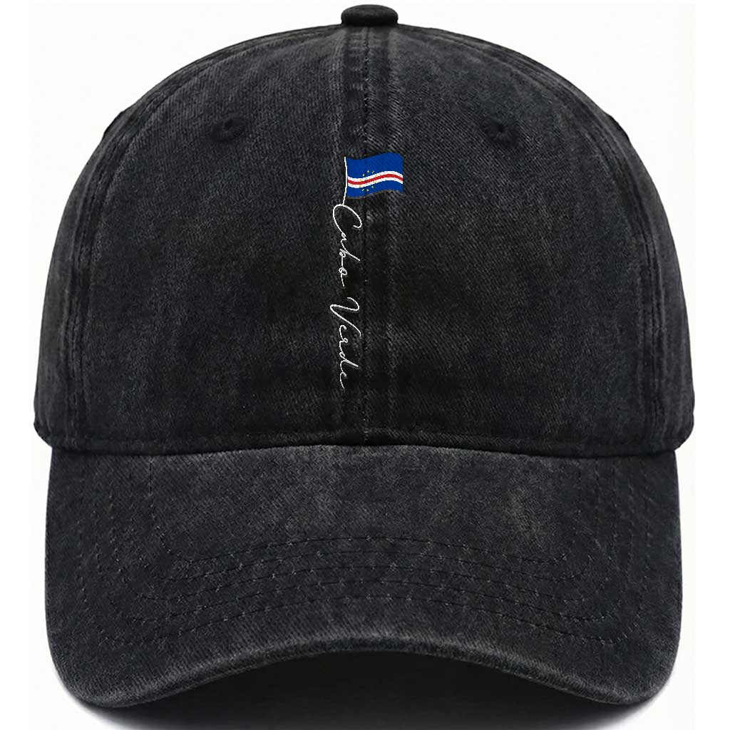 Cabo Verde Elegant Script Flag Graphic Washed Cotton Baseball Cap Cape Verde Minimalist Cursive National Pride Gift TS02 Print Your Wear