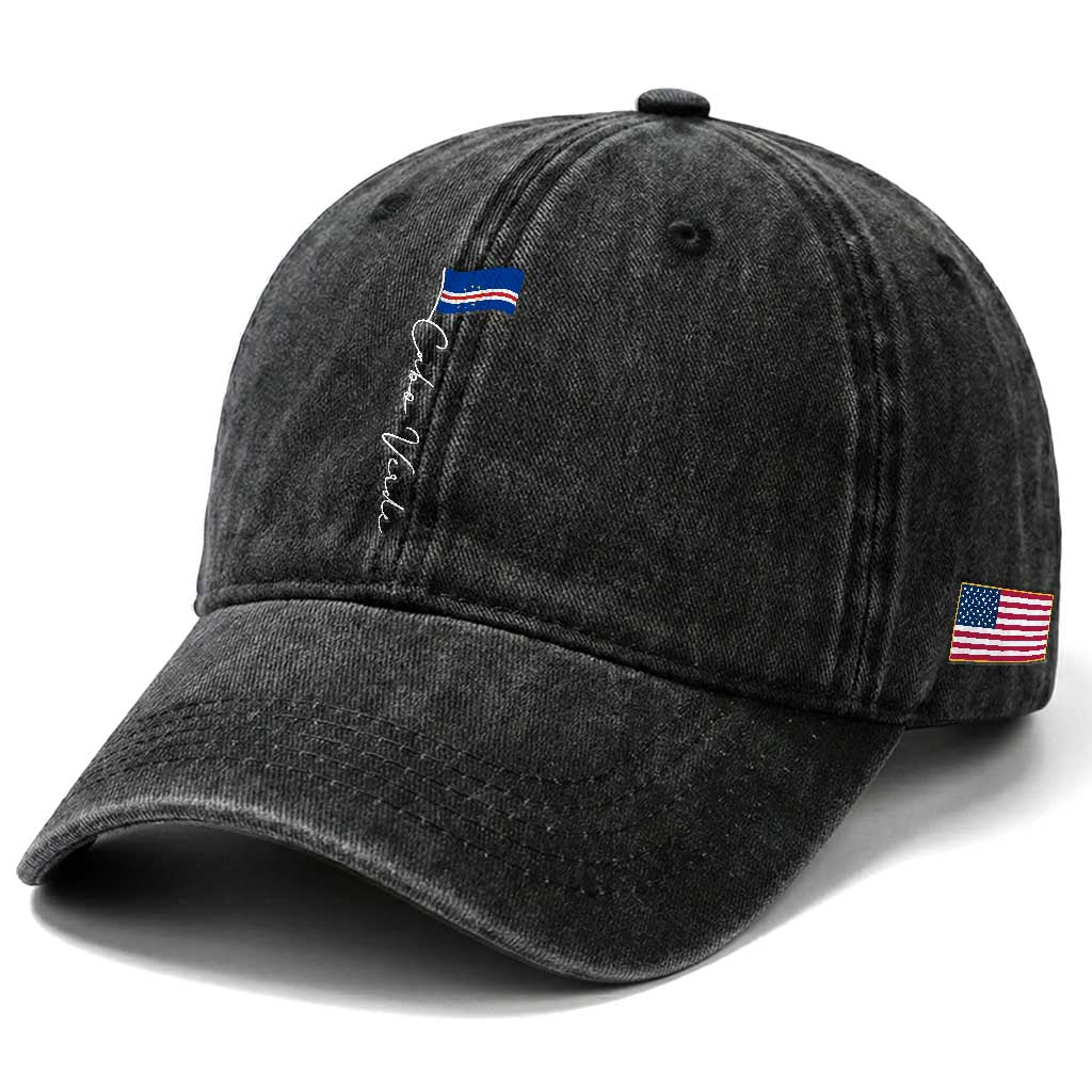 Cabo Verde Elegant Script Flag Graphic Washed Cotton Baseball Cap Cape Verde Minimalist Cursive National Pride Gift TS02 Print Your Wear