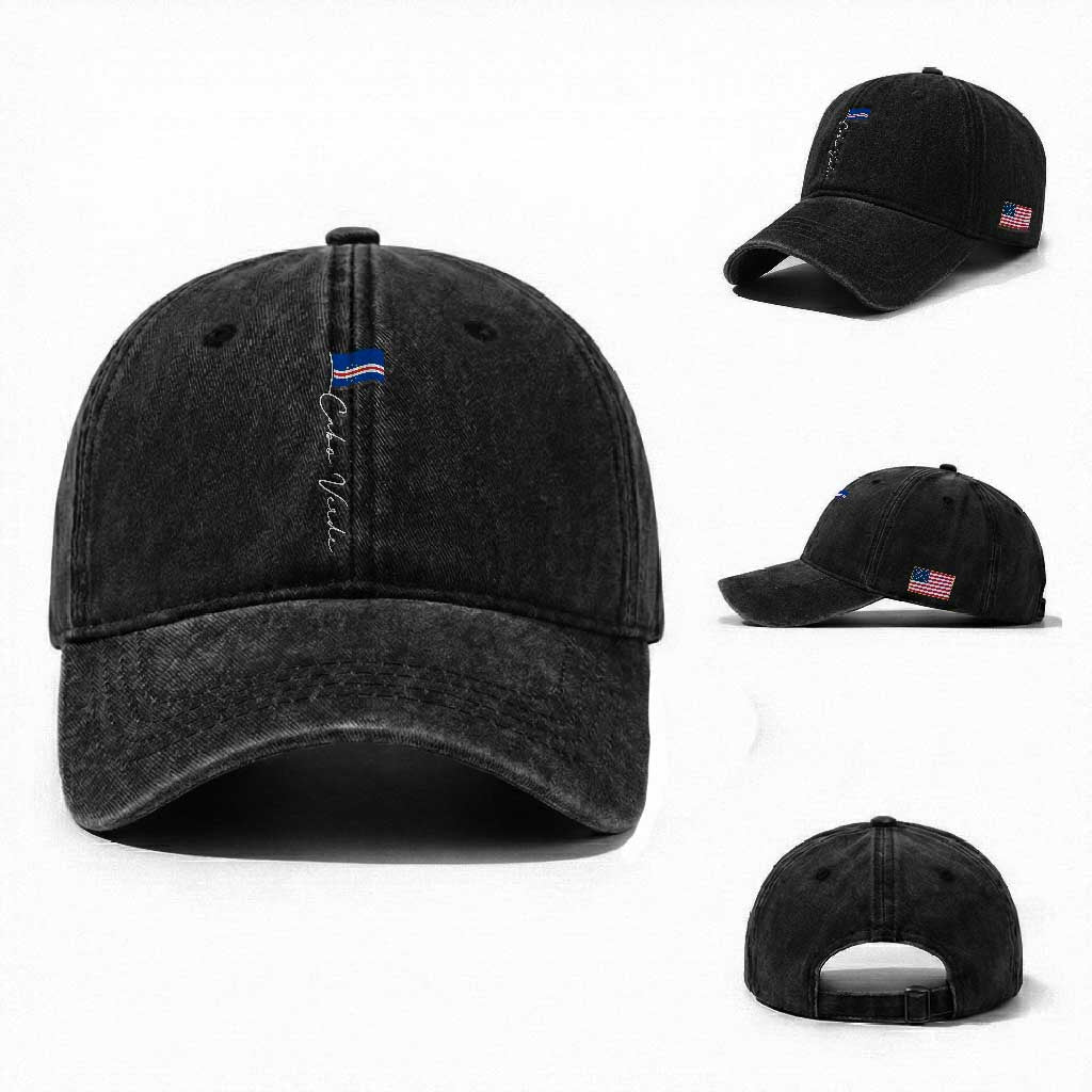 Cabo Verde Elegant Script Flag Graphic Washed Cotton Baseball Cap Cape Verde Minimalist Cursive National Pride Gift TS02 Washed Cap Universal Fit Black Print Your Wear