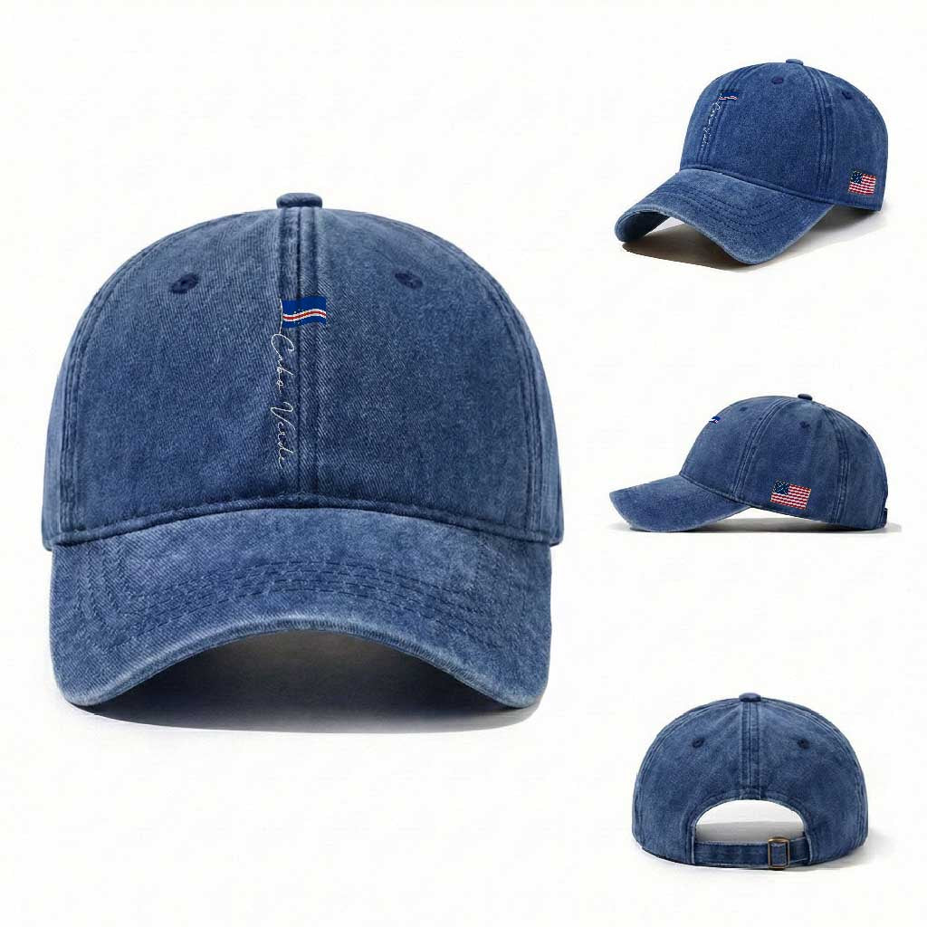 Cabo Verde Elegant Script Flag Graphic Washed Cotton Baseball Cap Cape Verde Minimalist Cursive National Pride Gift TS02 Washed Cap Universal Fit Royal Blue Print Your Wear