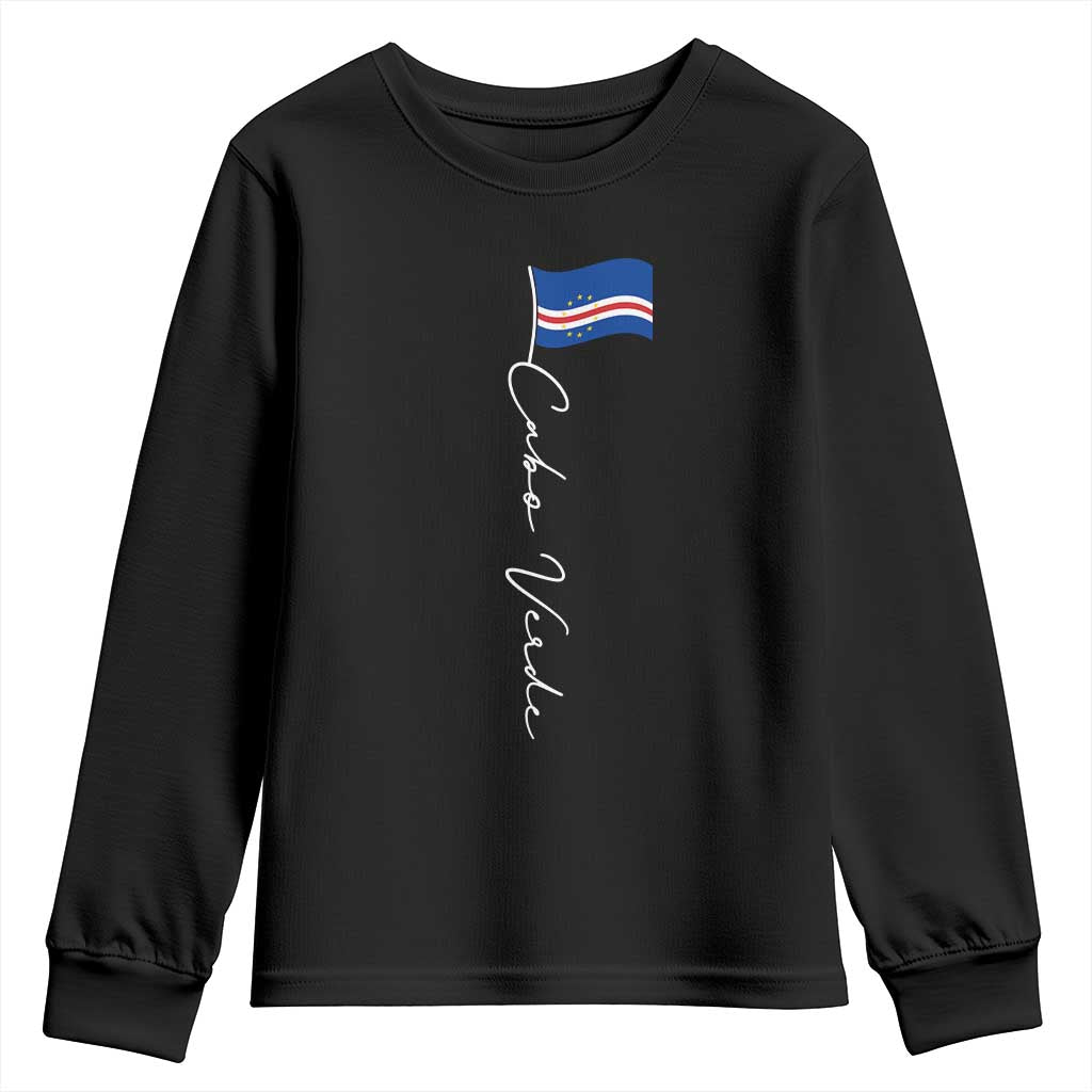 Cabo Verde Elegant Script Flag Graphic Youth Sweatshirt Cape Verde Minimalist Cursive National Pride Gift TS02 Black Print Your Wear