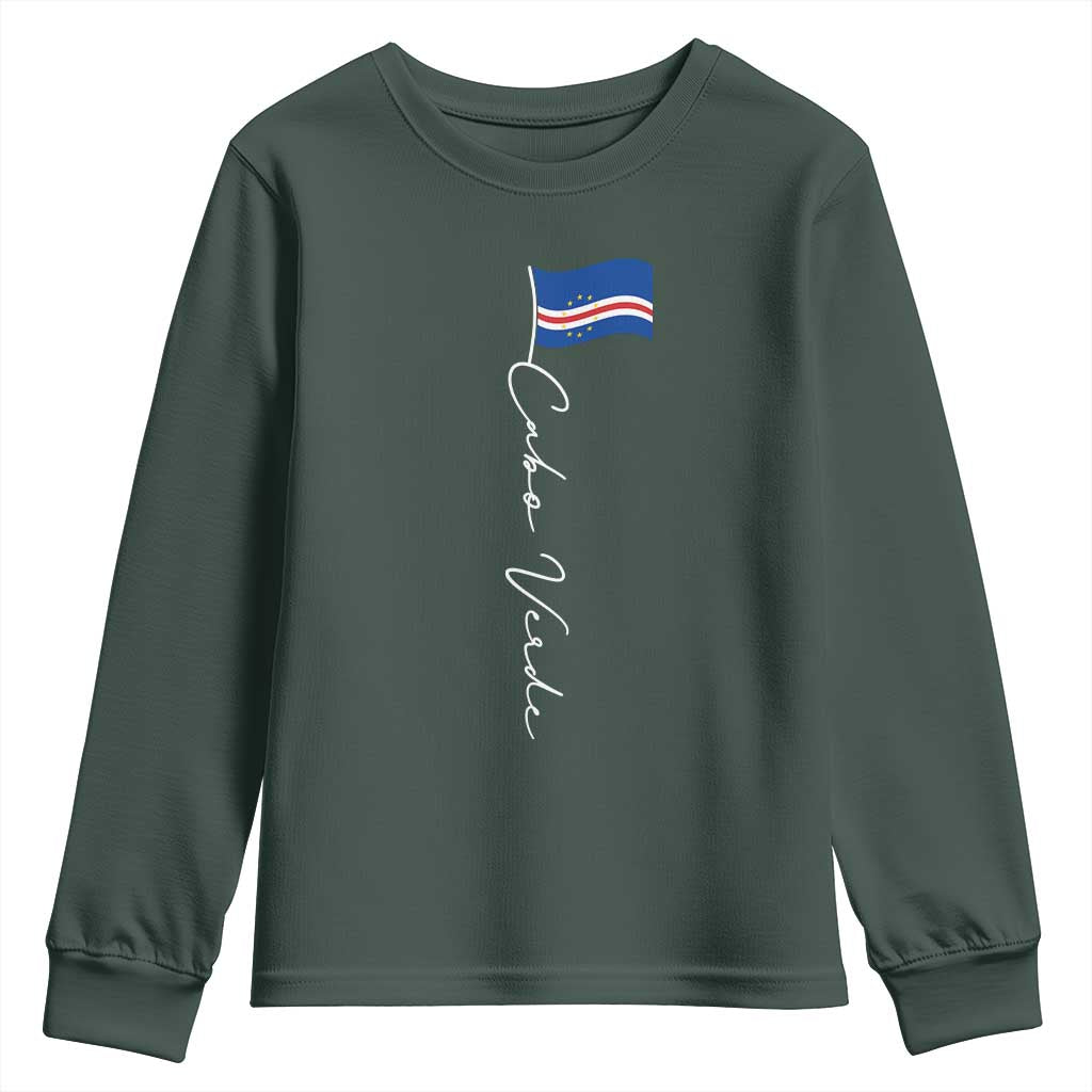 Cabo Verde Elegant Script Flag Graphic Youth Sweatshirt Cape Verde Minimalist Cursive National Pride Gift TS02 Dark Forest Green Print Your Wear