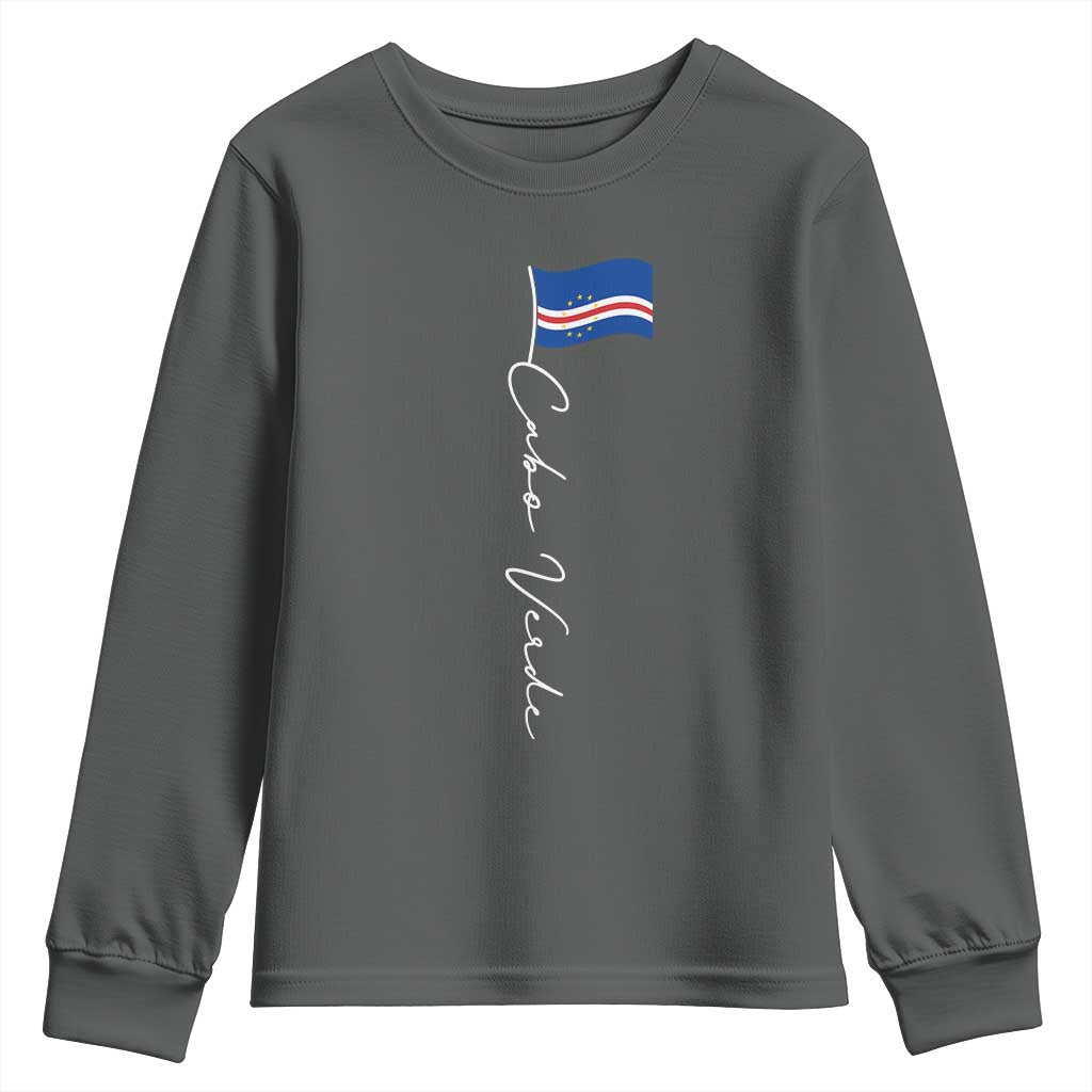 Cabo Verde Elegant Script Flag Graphic Youth Sweatshirt Cape Verde Minimalist Cursive National Pride Gift TS02 Dark Heather Print Your Wear