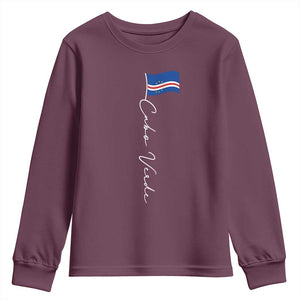 Cabo Verde Elegant Script Flag Graphic Youth Sweatshirt Cape Verde Minimalist Cursive National Pride Gift TS02 Maroon Print Your Wear