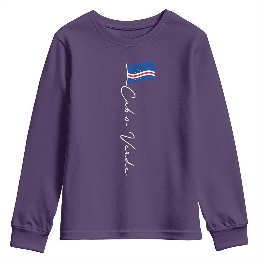 Cabo Verde Elegant Script Flag Graphic Youth Sweatshirt Cape Verde Minimalist Cursive National Pride Gift TS02 Purple Print Your Wear