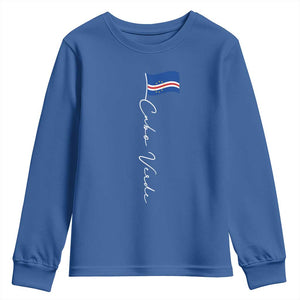 Cabo Verde Elegant Script Flag Graphic Youth Sweatshirt Cape Verde Minimalist Cursive National Pride Gift TS02 Royal Blue Print Your Wear