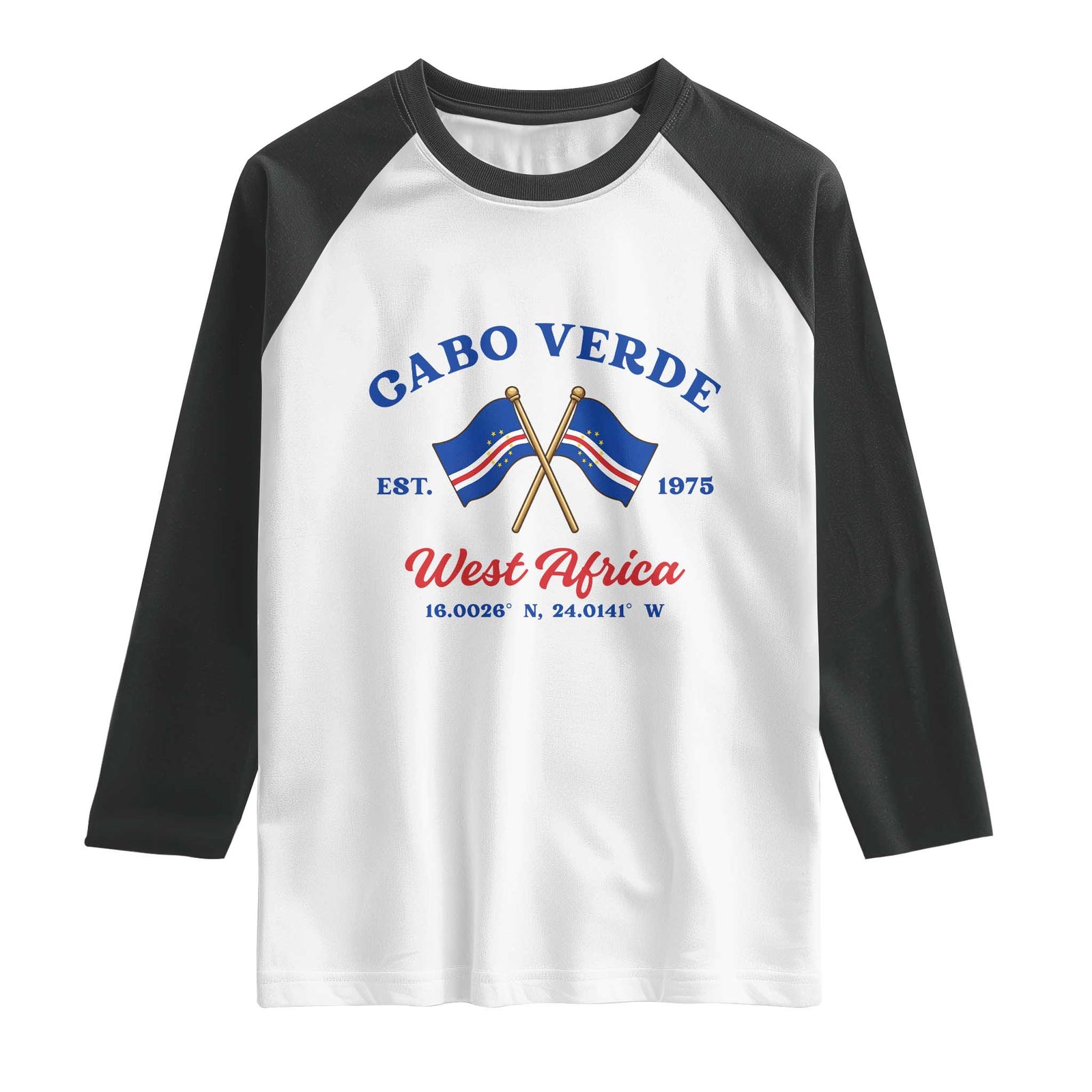 Cabo Verde West Africa Crossed Flags Raglan Shirt Cape Verde Est 1975 Retro National Pride TS02 White Black Print Your Wear