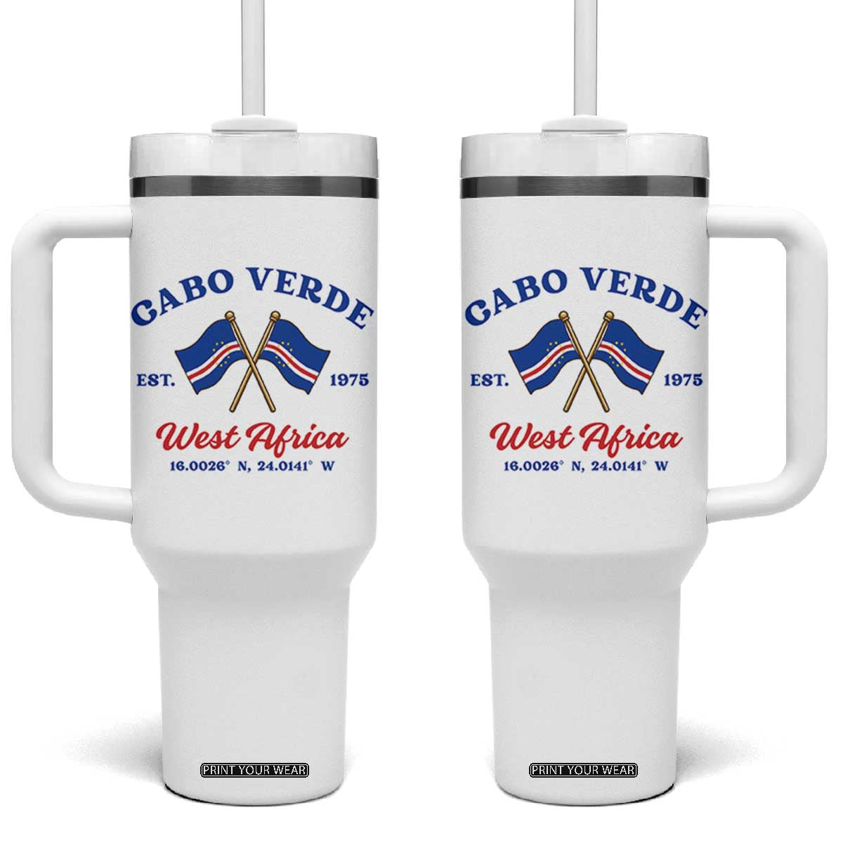 Cabo Verde West Africa Crossed Flags Tumbler With Handle Cape Verde Est 1975 Retro National Pride TS02 One Size: 40 oz White Print Your Wear