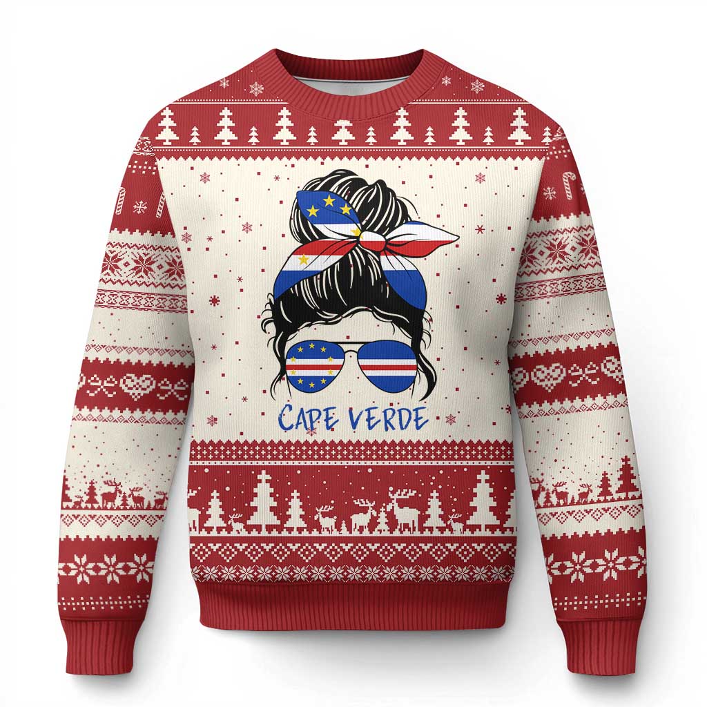 Cape Verde Messy Bun Girl Flag Sunglasses Graphic Ugly Christmas Sweater Cabo Verde Women National Pride Gift TS02 Beige Red Print Your Wear