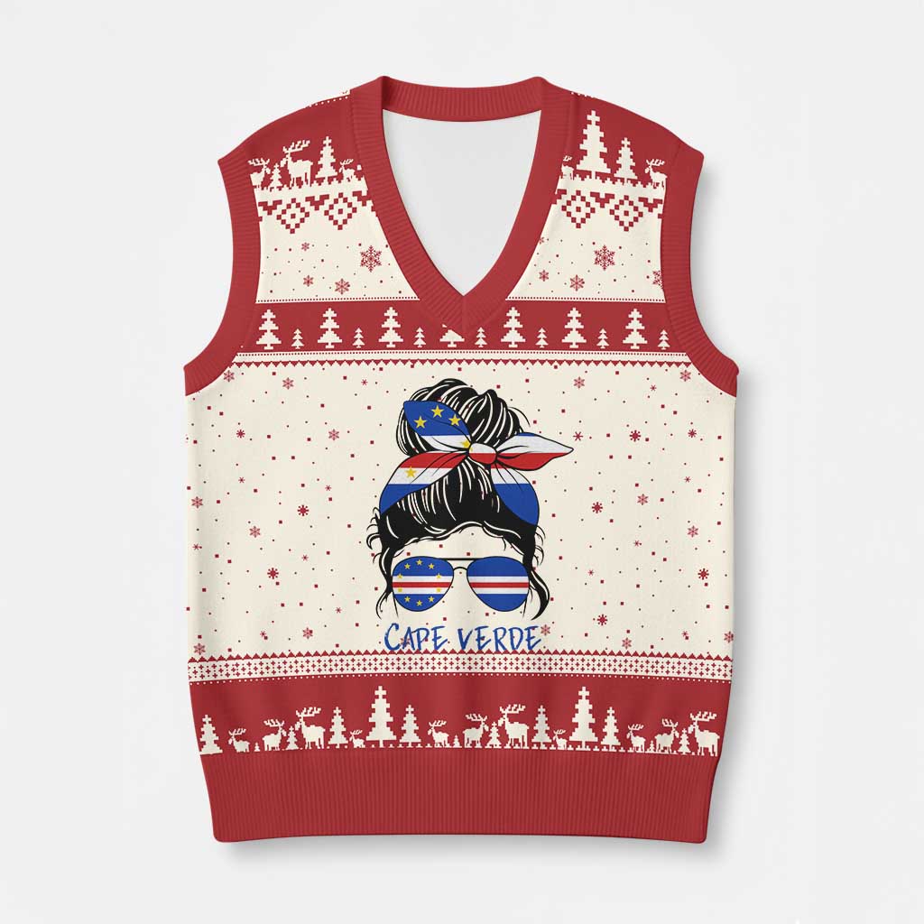 Cape Verde Messy Bun Girl Flag Sunglasses Graphic V-Neck Knit Sweater Vest Cabo Verde Women National Pride Gift TS02 Beige Red Print Your Wear