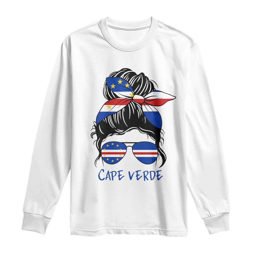 Cape Verde Messy Bun Girl Flag Sunglasses Graphic Long Sleeve Shirt Cabo Verde Women National Pride Gift TS02 White Print Your Wear
