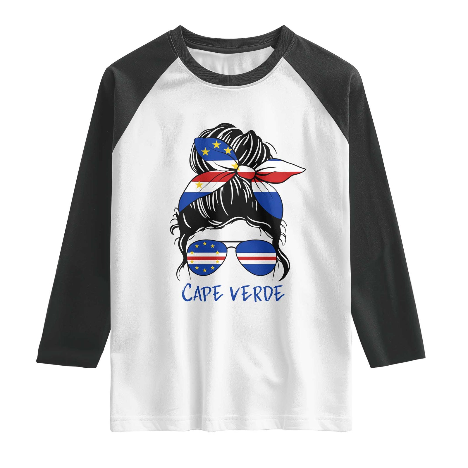 Cape Verde Messy Bun Girl Flag Sunglasses Graphic Raglan Shirt Cabo Verde Women National Pride Gift TS02 White Black Print Your Wear