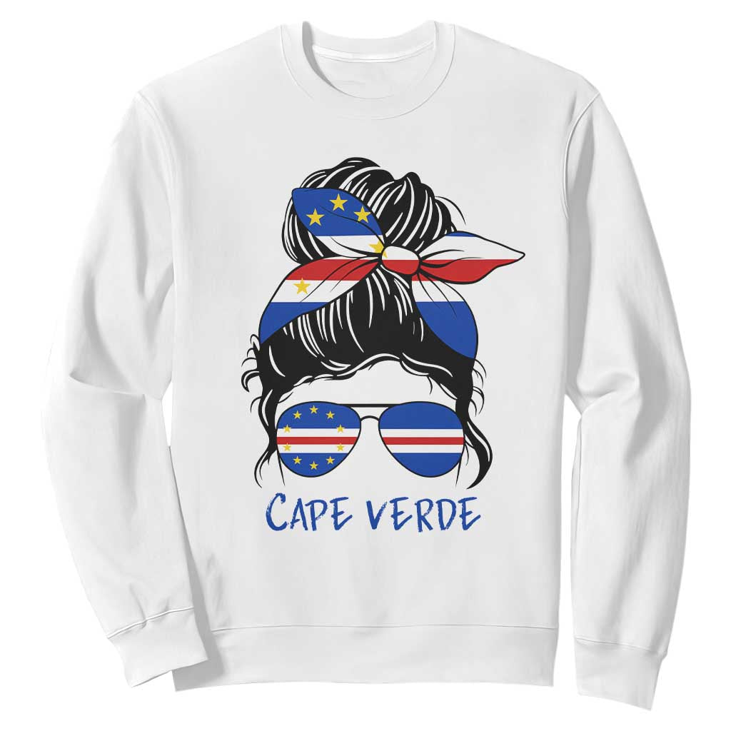 Cape Verde Messy Bun Girl Flag Sunglasses Graphic Sweatshirt Cabo Verde Women National Pride Gift TS02 White Print Your Wear