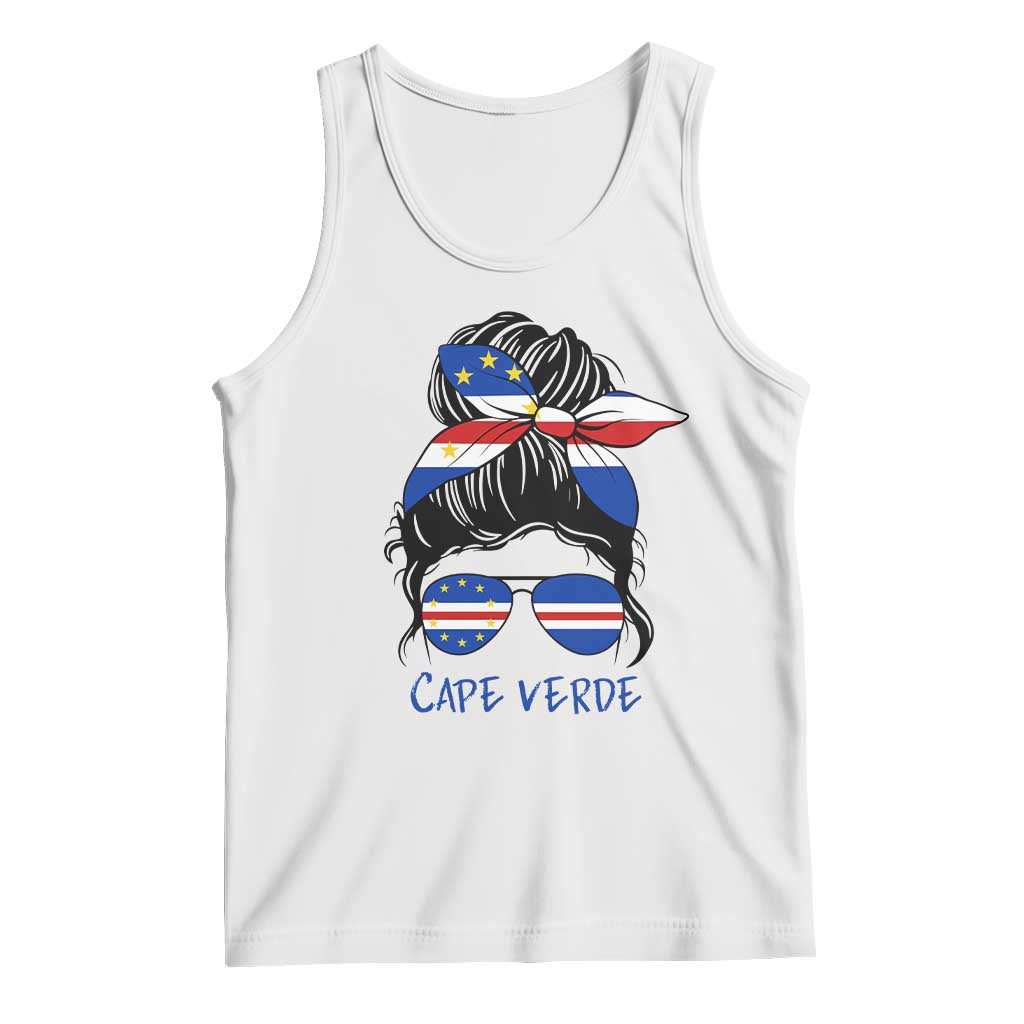 Cape Verde Messy Bun Girl Flag Sunglasses Graphic Tank Top Cabo Verde Women National Pride Gift TS02 White Print Your Wear