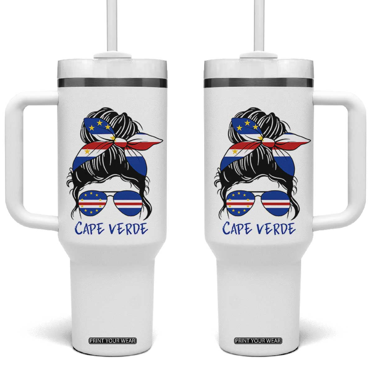 Cape Verde Messy Bun Girl Flag Sunglasses Graphic Tumbler With Handle Cabo Verde Women National Pride Gift TS02 One Size: 40 oz White Print Your Wear