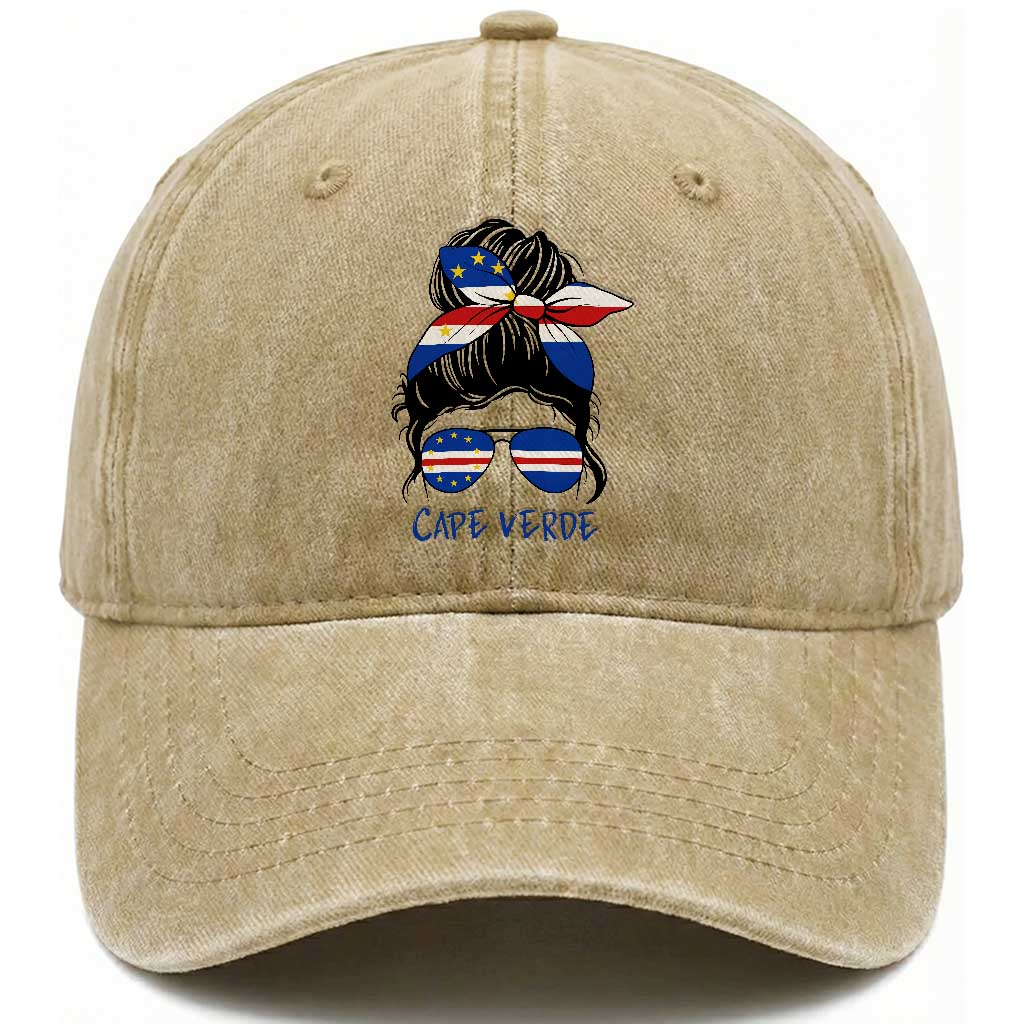 Cape Verde Messy Bun Girl Flag Sunglasses Graphic Washed Cotton Baseball Cap Cabo Verde Women National Pride Gift TS02 Print Your Wear