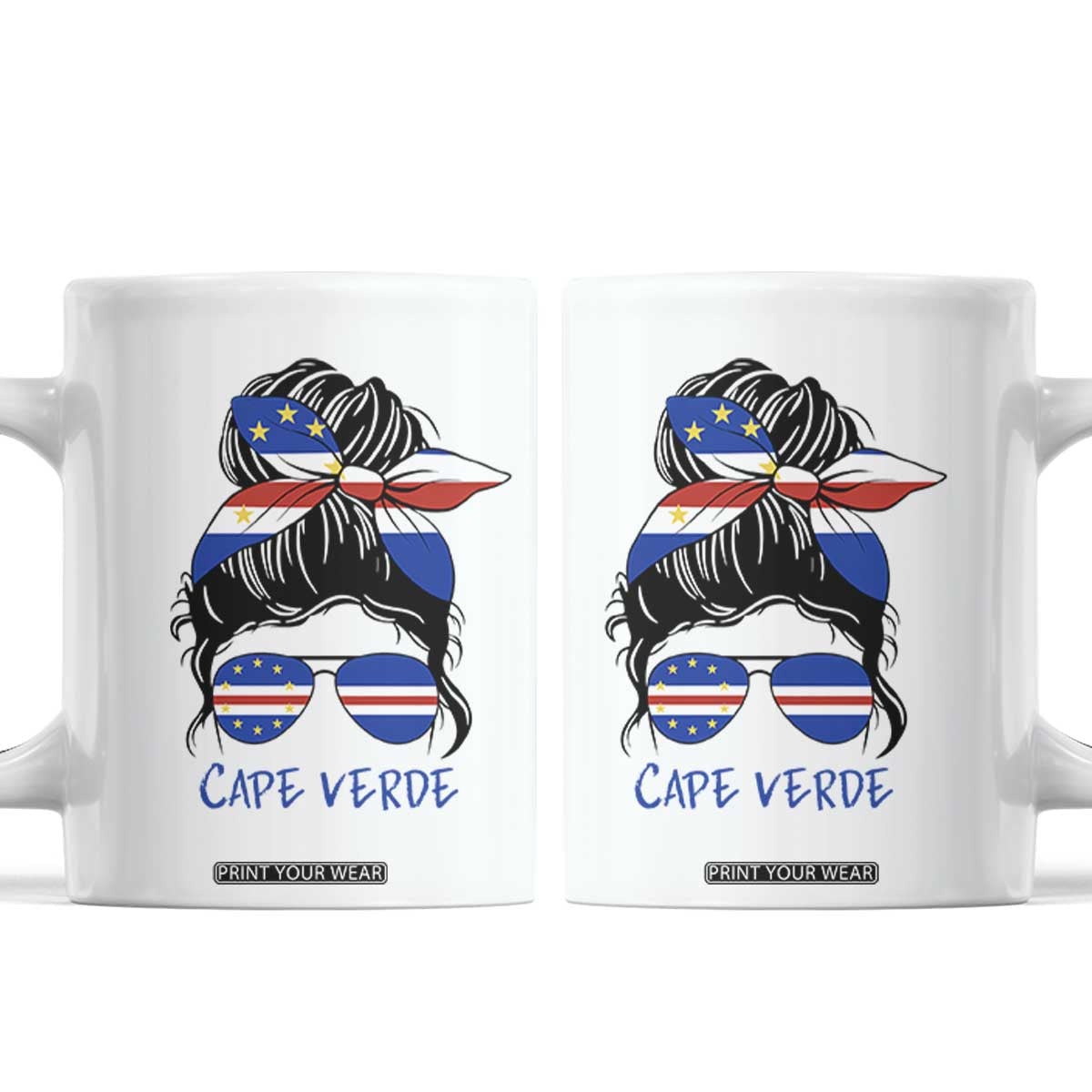 Cape Verde Messy Bun Girl Flag Sunglasses Graphic Coffee Mug Cabo Verde Women National Pride Gift TS02 White Print Your Wear