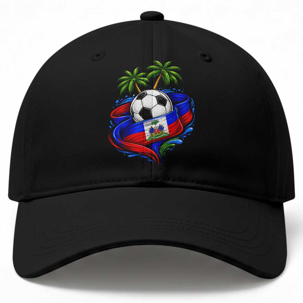 Haitian Flag Soccer Ball Graphic Baseball Cap Tropical Palm Trees Caribbean Haiti Football Fans Pride TS02 Print Your Wear