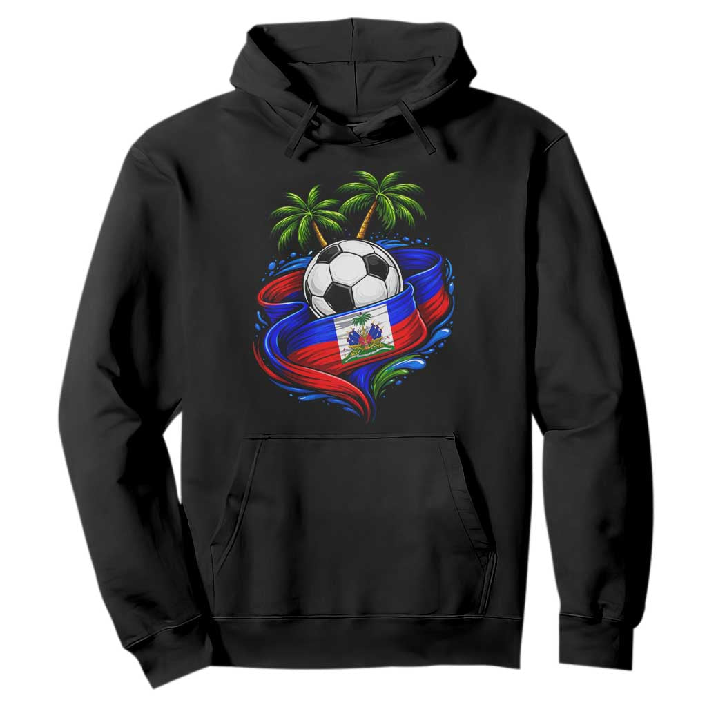 Haitian Flag Soccer Ball Graphic Hoodie Tropical Palm Trees Caribbean Haiti Football Fans Pride TS02 Black Print Your Wear
