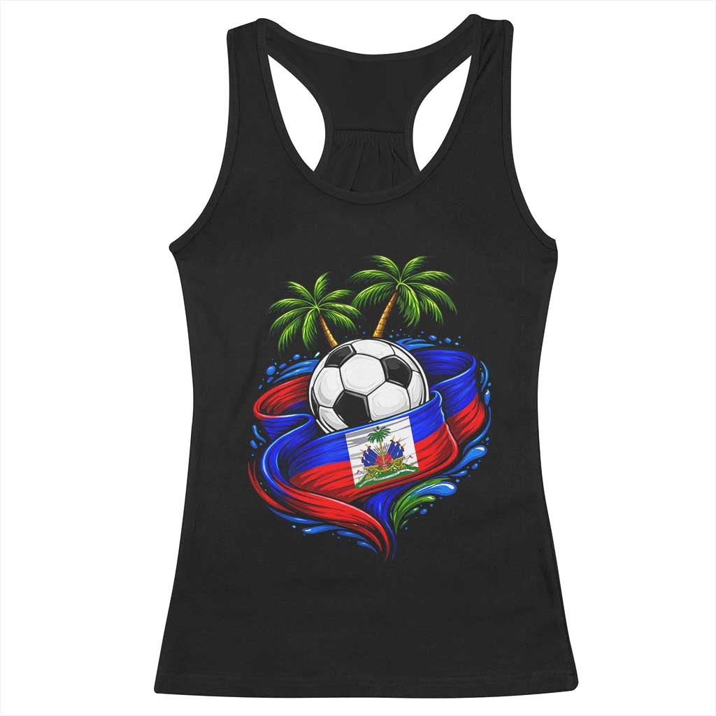 Haitian Flag Soccer Ball Graphic Racerback Tank Top Tropical Palm Trees Caribbean Haiti Football Fans Pride TS02 Black Print Your Wear