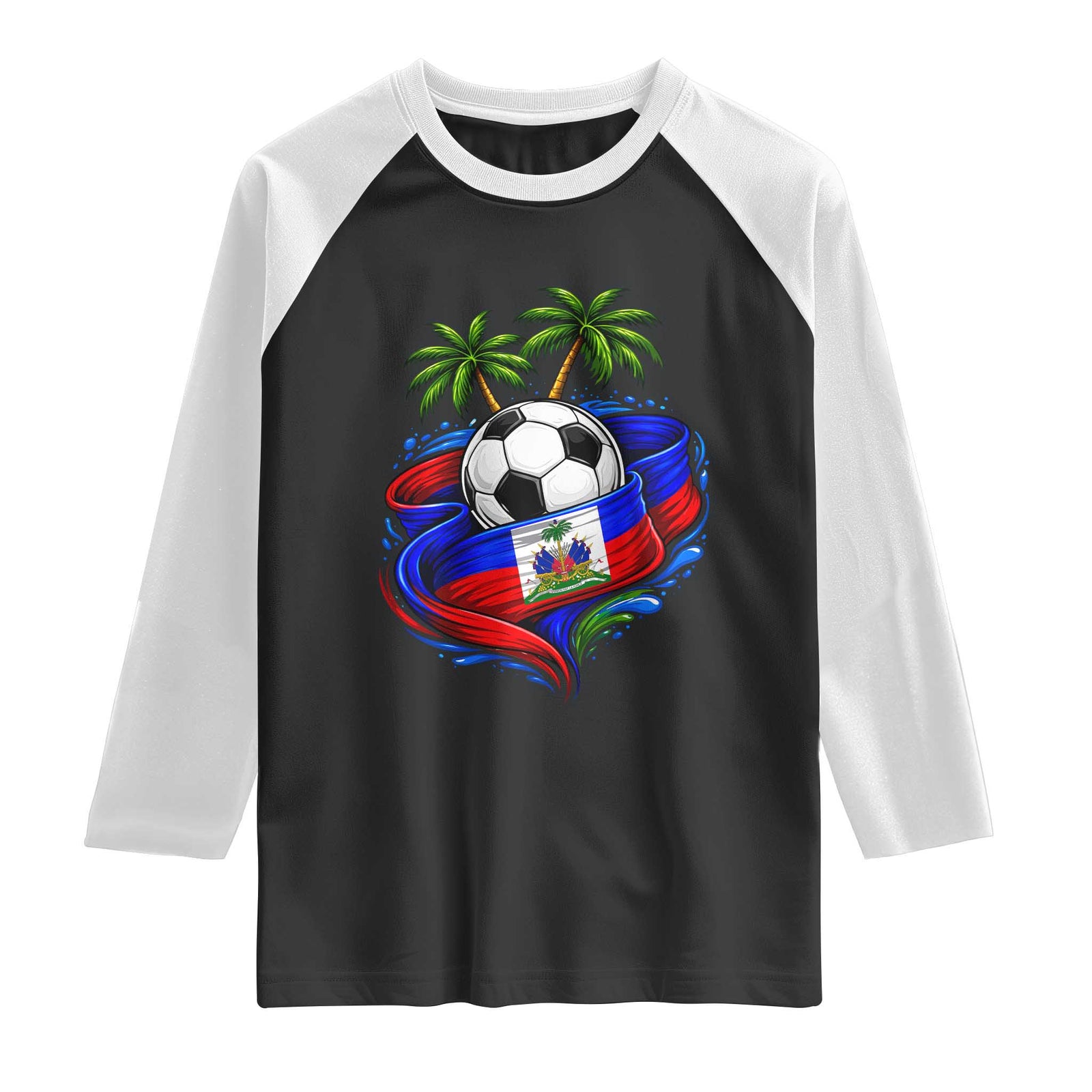 Haitian Flag Soccer Ball Graphic Raglan Shirt Tropical Palm Trees Caribbean Haiti Football Fans Pride TS02 Black White Print Your Wear